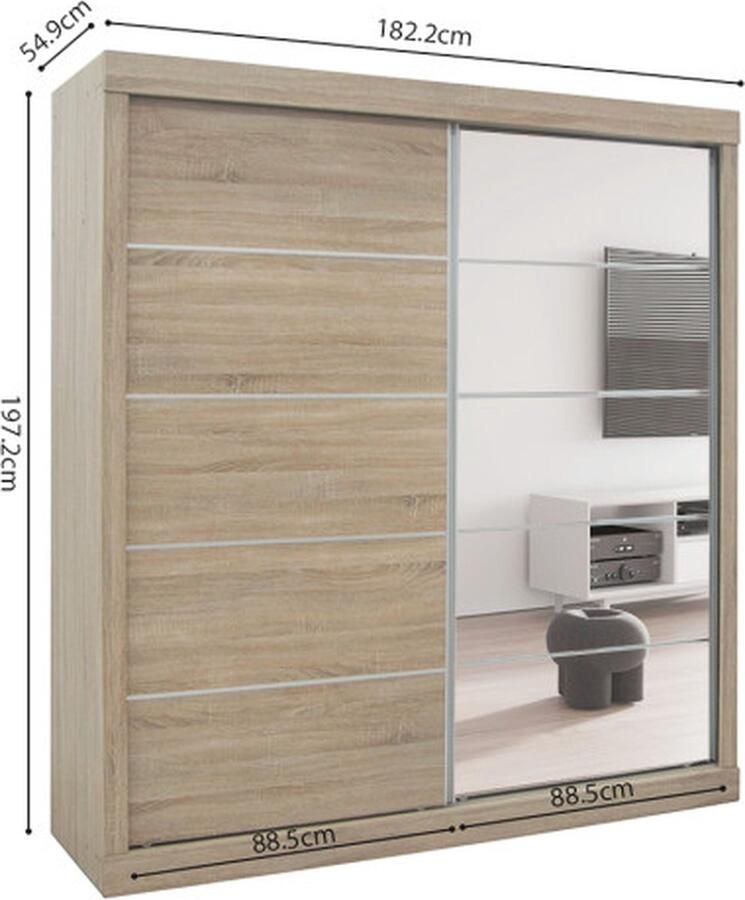 ZAZA Home Kledingkast 'Mike' 2 Schuifdeuren 1 Spiegeldeur Sonoma Spaanderplaat en decor + spiegel - Foto 2