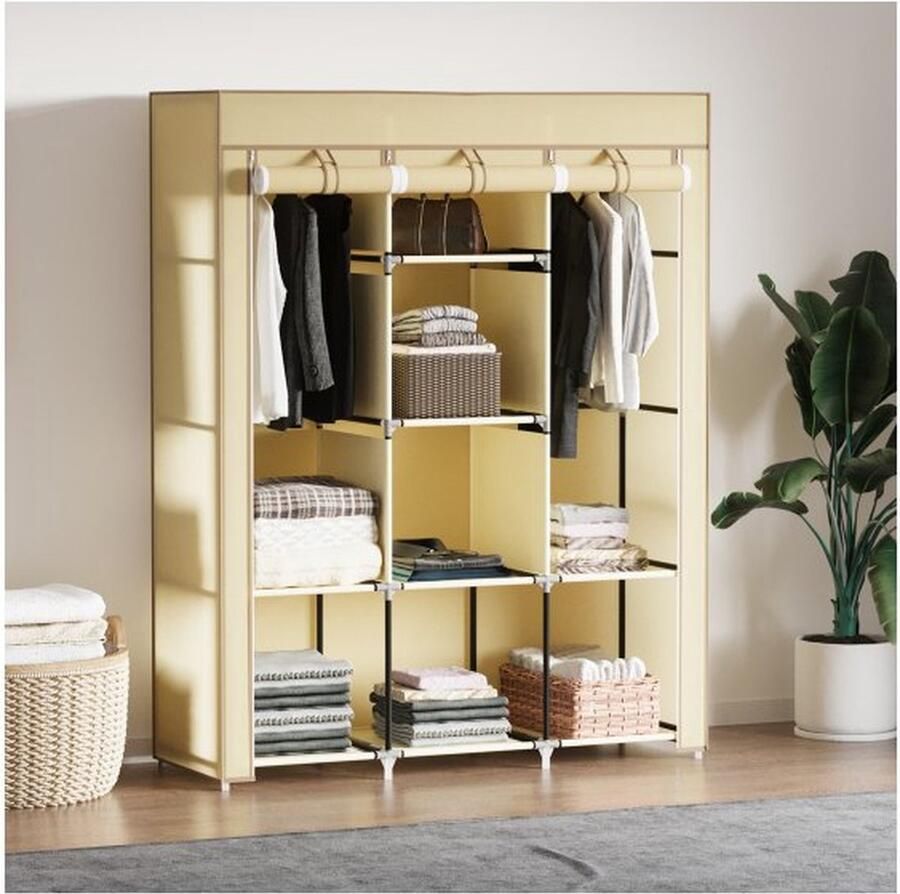 ZAZA Home Stoffen kledingkast met kledingstangen 8 niveaus opvouwbare garderobe van vliesstof beige 125 x 43 x 162 5 cm