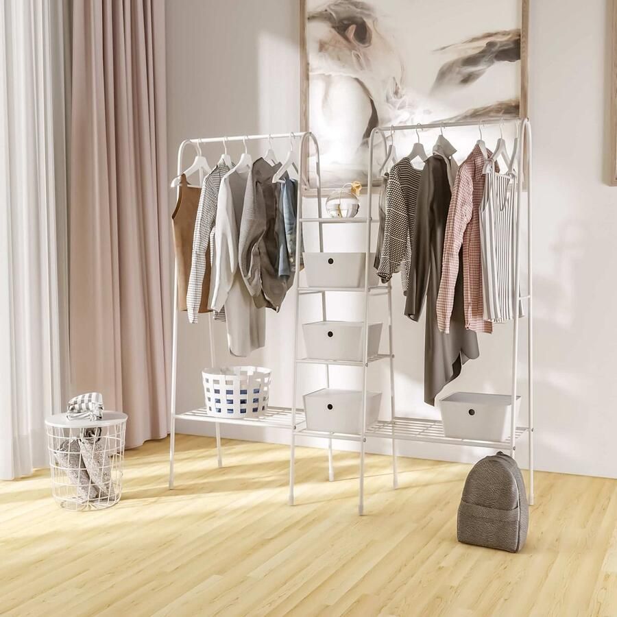 ZAZA Home Kledingrekken met schoenopslag gratis -Vstaande kledingbalk Mantelstand Staal Wit 176 x 47 x 177 cm