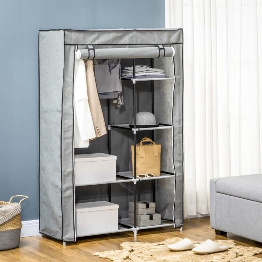 ZAZA Home Kleiderschrank Stoffschrank mit Kleiderstange 6 Fächern Faltbare Garderobe in Vlies-Optik Faltschrank für Schlafzimmer Flur Grau 103 x 43 x 162 5 cm