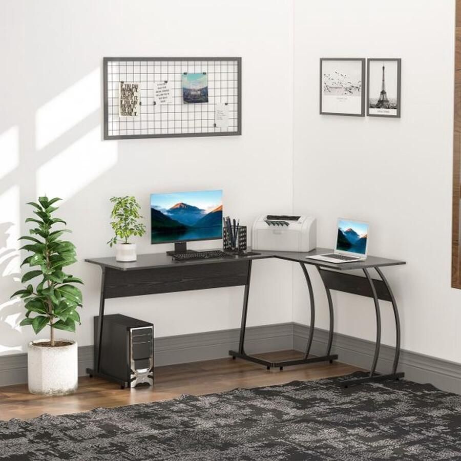 ZAZA Home L-vorm computertafel hoek bureau werktafel minimalistisch spaanbord metalen ruimtebesparende gaming pc werkstation zwart