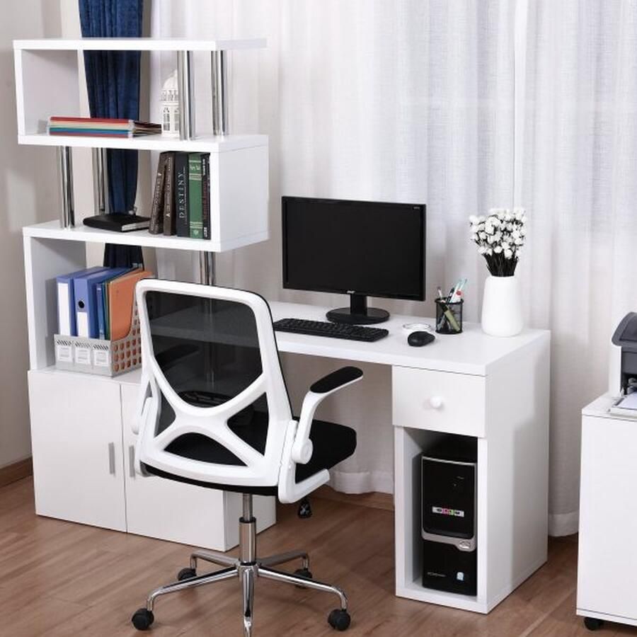 ZAZA Home L-vormig I-vormig hoekbureau met boekenplank en lade Edelstalen computerbureau combinatie tafel in het wit 120x80x164 cm