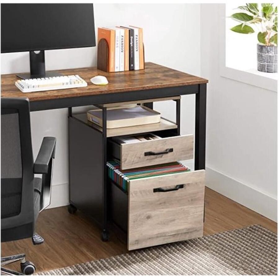 Songmics VASAGLE Archiefkast met 2 laden mobiele kantoorkast met wielen rolcontainer open compartiment hangmappen stevig stalen frame industrieel ontwerp grijs-zwart OFC071B02