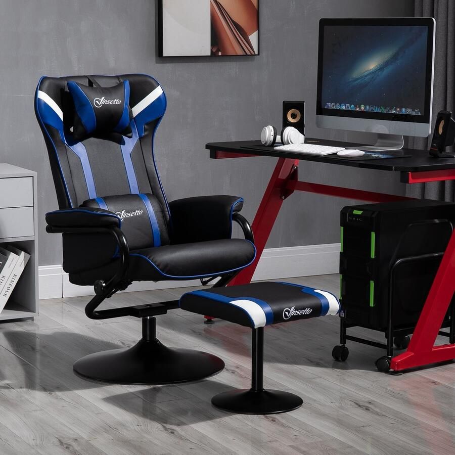 ZAZA Home Ontspan leunstoel met voetkrukken televisie -fauteuil gestoffeerde fauteuil in de speelstijl gamingstoel met leugenachtige functie 130 ° Tend Bar Dark Blue+Black