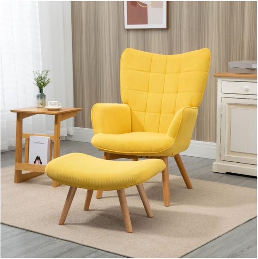 ZAZA Home Ontspan leunstoellounge stoel vleugel fauteuil met ontlasting fauteuil met houten benen in koord look geel uit