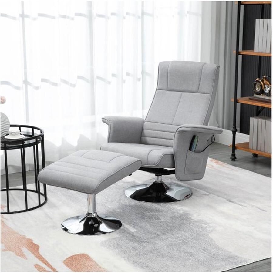 ZAZA Home Massagestoel met voetkruk en liggende functie elektrische televisie fauteuil met afstandsbediening liggende stoel met linnen look staal lichtgrijs