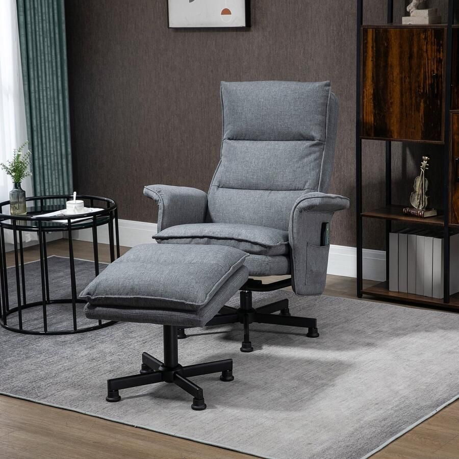 ZAZA Home Massagestoel met voetstoel elektrische televisie fauteuil met massagefunctie afstandsbediening roteerbare relaxatie fauteuil met linnen uiterlijk staal grijs