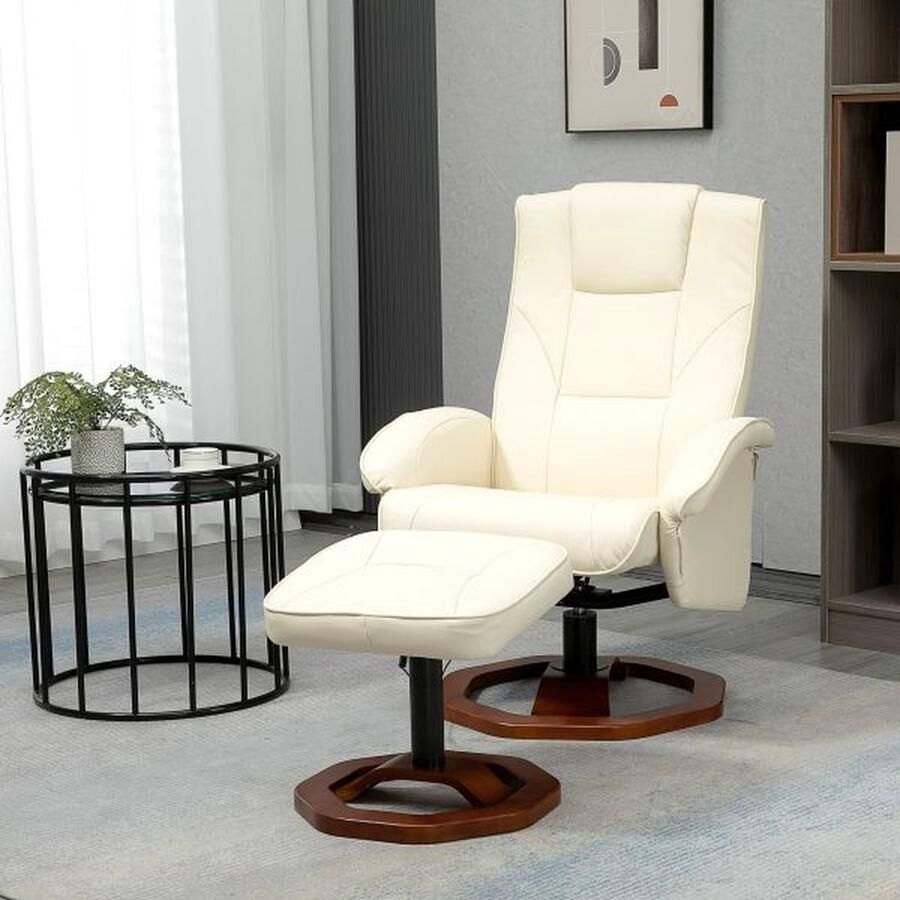 ZAZA Home Massagestoel ontspannen met voetkruk Relax leunstoel televisie fauteuil stoel 360 ° roteerbare synthetisch lederen stalen crème wit+bruin 73 x 83 x 106 cm