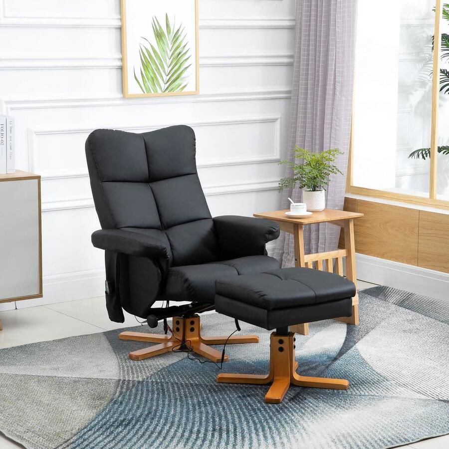 ZAZA Home Ontspan leunstoelmassagestoel met voetstoel televisie fauteuil 145 ° helling ligstoel met 10 trillingspunten synthetisch leer zwart 80 x 86 x 99 cm