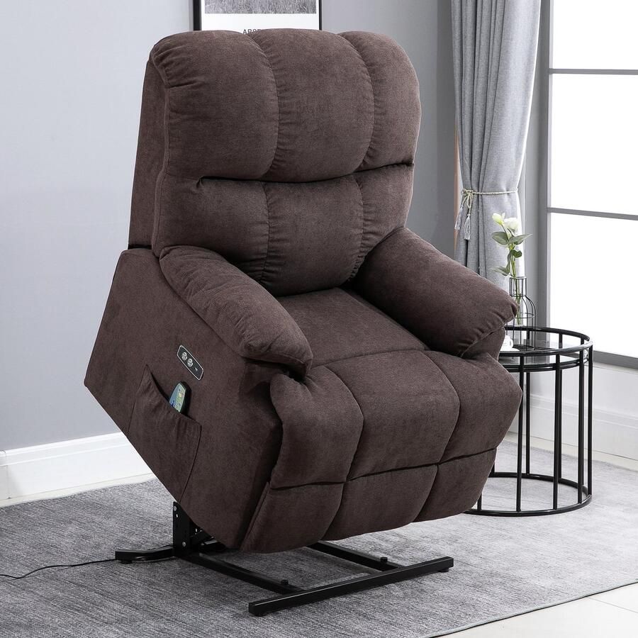 ZAZA Home Massagestoel met bergophulp televisie fauteuil met warmtefunctie van verstelbare hoeken USB afstandsbediening Korte pluche bruin 83x95x105cm