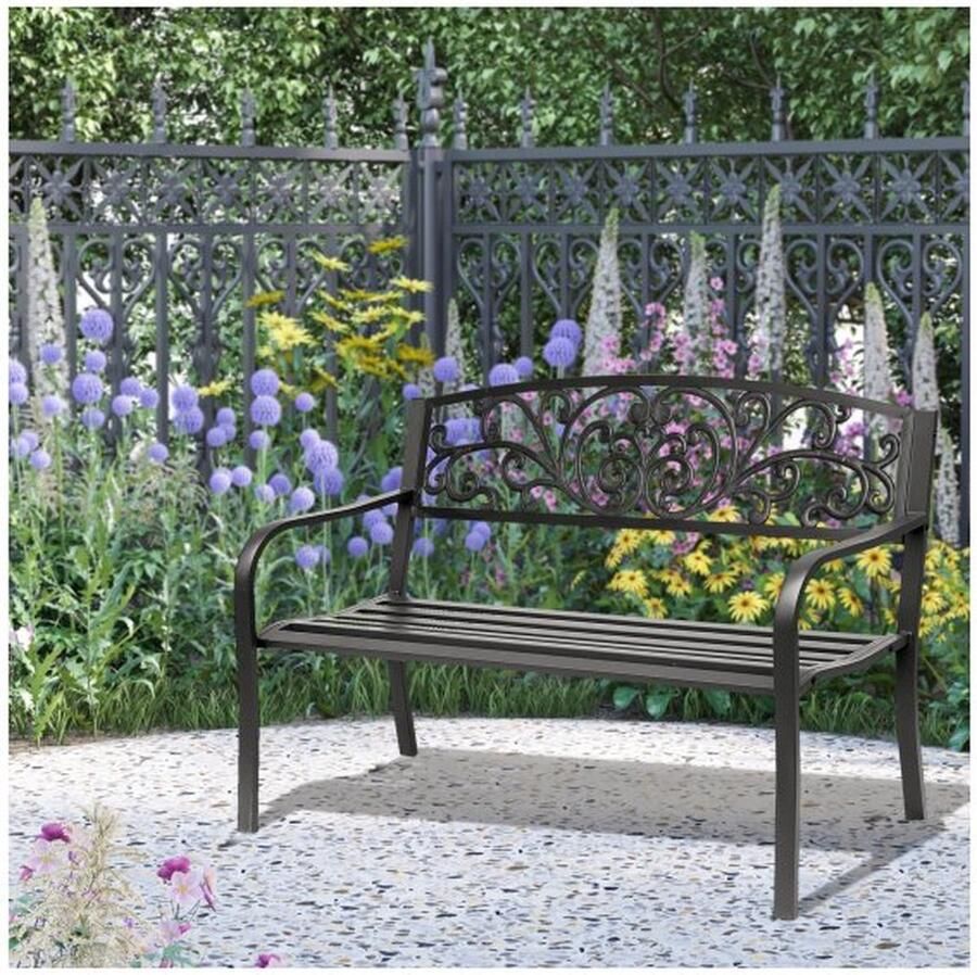 ZAZA Home Metalen tuinbank parkbank met leuning en armleuning weerbestendige zitbank voor balkon of terras 2-zits balkonbank tot 250 kg belastbaar zwart