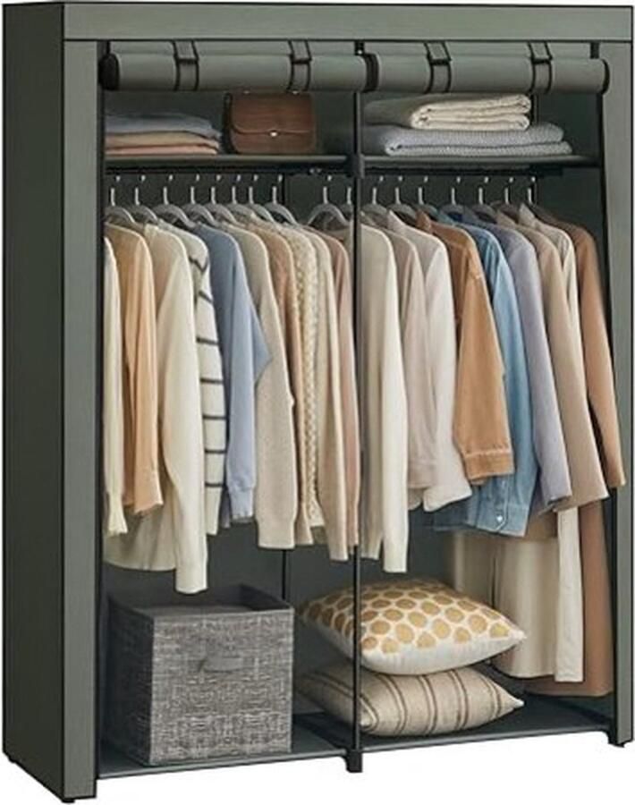 ZAZA Home Mooi Saliegroen Stoffen Kledingkast met Twee Kledingstangen en Garderobe Opvouwbare Kledingopslag Kledingrek 140x43x174cm