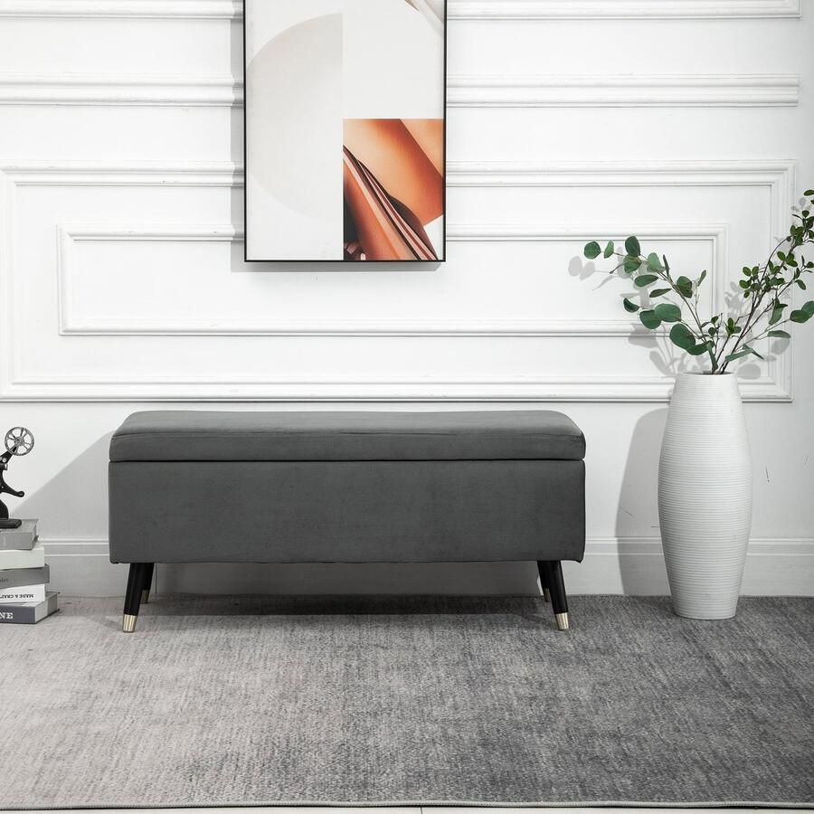 ZAZA Home Stoel gestoffeerde bank met opbergruimte borstbank metaal schuim rubberen hout kolengrijs 110 x 43 x 45 cm