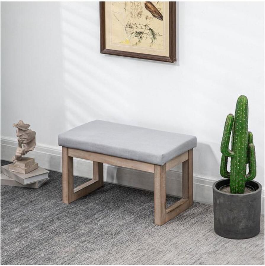 ZAZA Home Voetbalvoetbal Uphocker met een linnen look stoelkruk met houten benen ingangsbank voor woonkamer slaapkamer grijs 68 x 38 x 42 cm