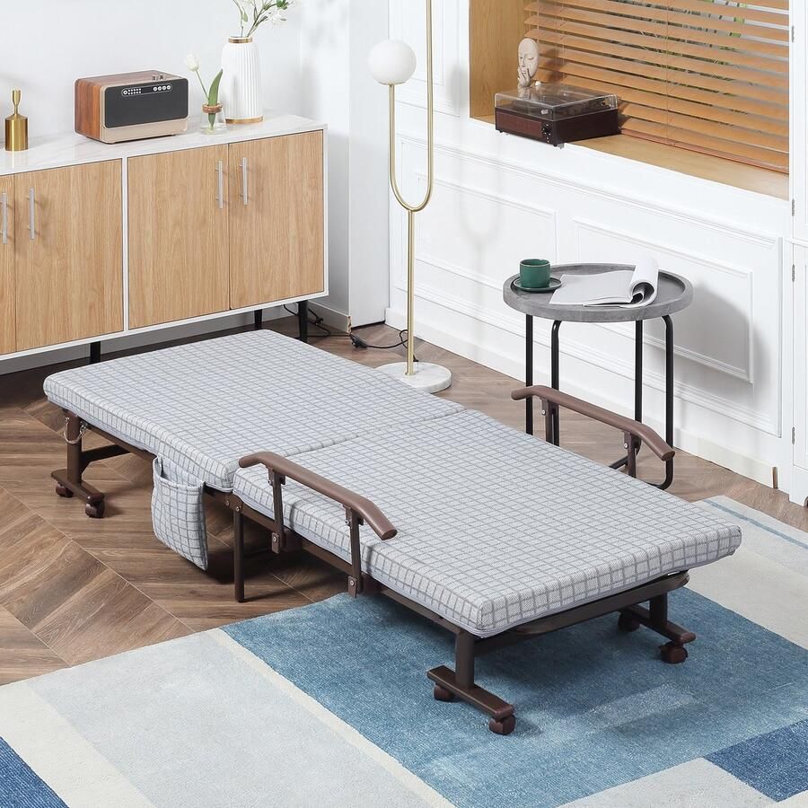 ZAZA Home Guestbed met vouwbed met rol fauteuils met een 5-fasen verstelbare rugleuning Back Bed Steel Frame Lichtgrijs+Zwart 190 x 76 x 33 cm