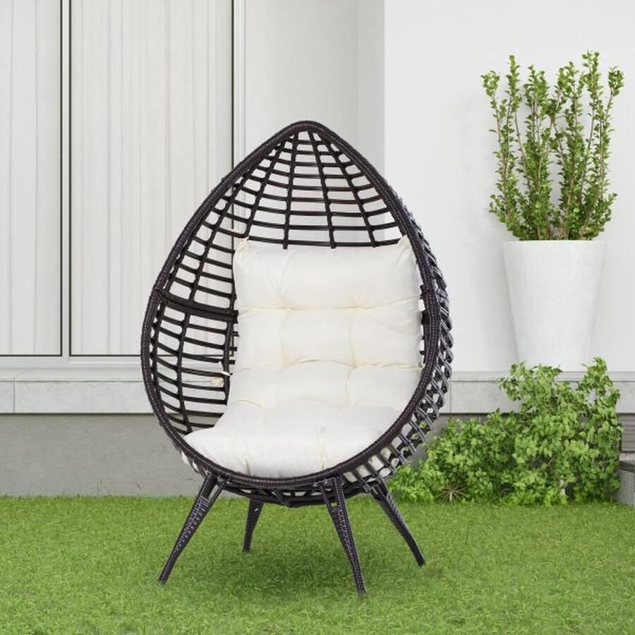 ZAZA Home Rattan fauteuil in drop -vorm tuin fauteuil met zitkussen verhoogde rotan stoel staal bruin 101 x 89 x 156 cm