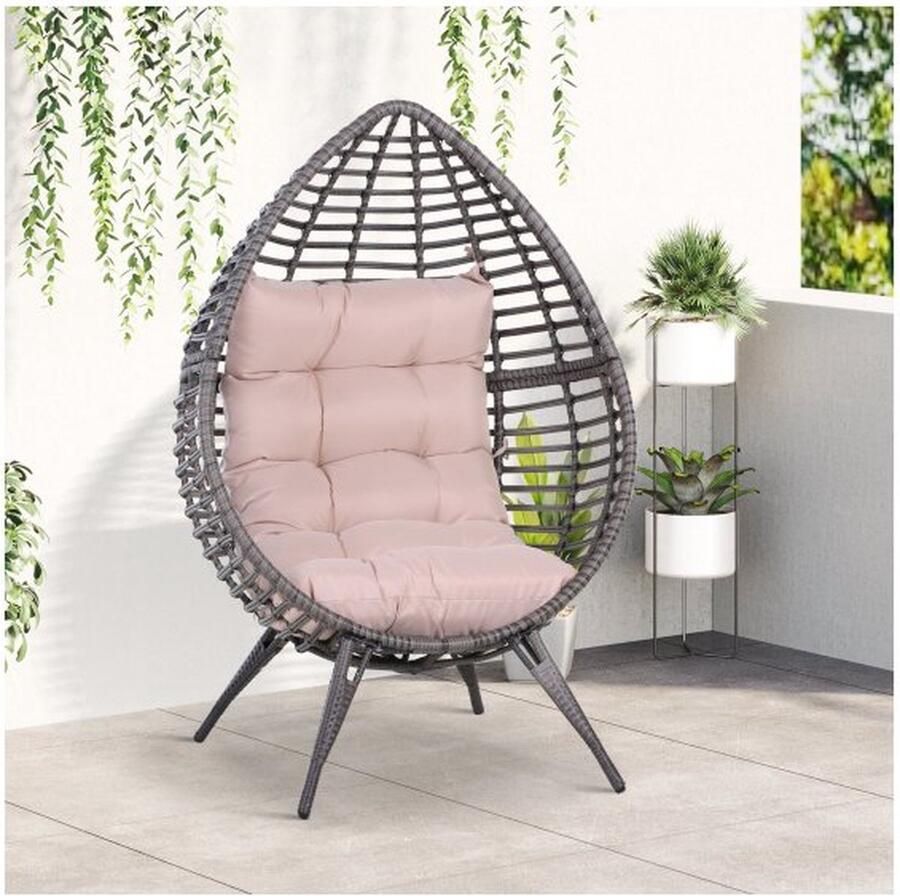ZAZA Home Rattan fauteuil in drop -vorm tuin fauteuil met zitkussen verhoogde rotan stoel staal grijs 101 x 89 x 156 cm