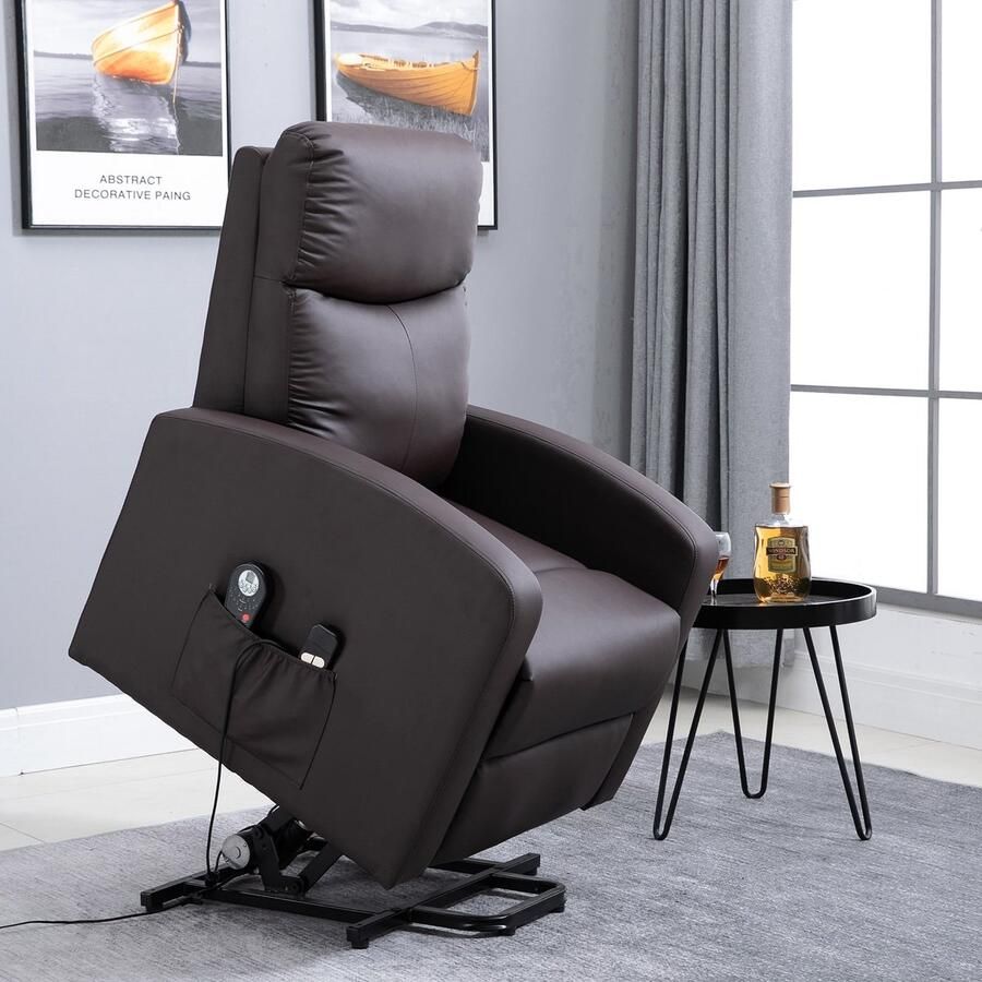 ZAZA Home Fauteuil ontspannings fauteuil met staande hulp elektrische massagestoel met liggende functie en afstandsbediening zijkant met synthetisch leer bruin