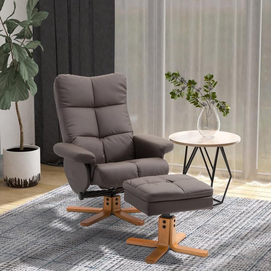ZAZA Home Ontspan leunstoel met ontlasting en opslagruimte tv -fauteuil met leugenfunctie 360 ​​° roteerbare fauteuil pu houten frame bruin 80 x 86 x 99 cm