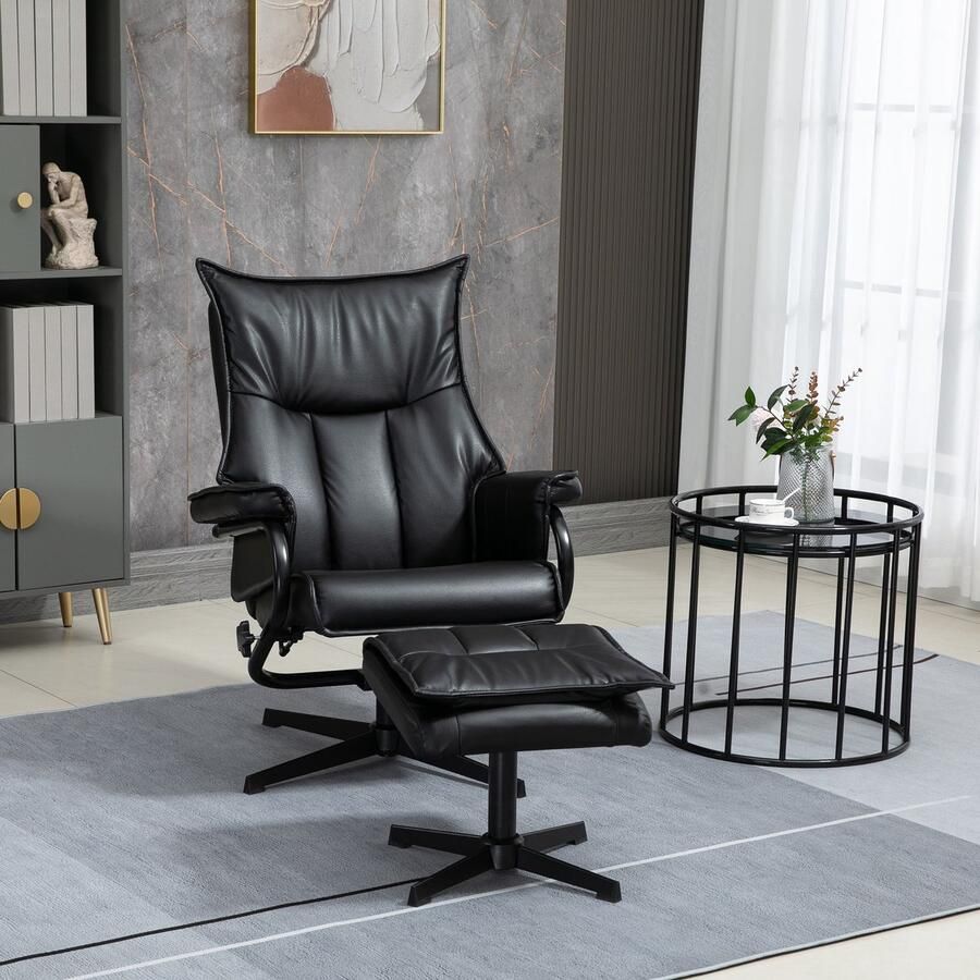 ZAZA Home Fauteuil roteerbaar met liegen functie televisie leunstoel ontspannings fauteuil met ontlasting kantelbare rugleuning synthetisch leer staal zwart