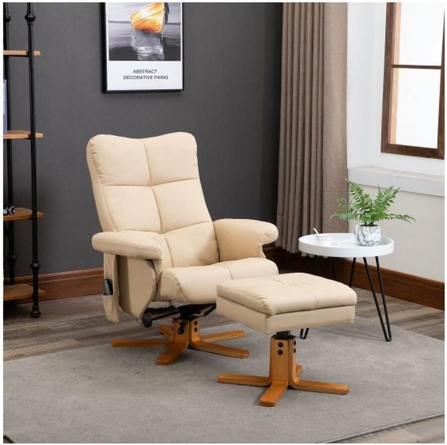 ZAZA Home Ontspan leunstoelmassagestoel met voetstoel televisie leunstoel 145 ° neiging ligstoel met 10 trillingspunten synthetisch lederen crème wit 80 x 86 x 99 cm