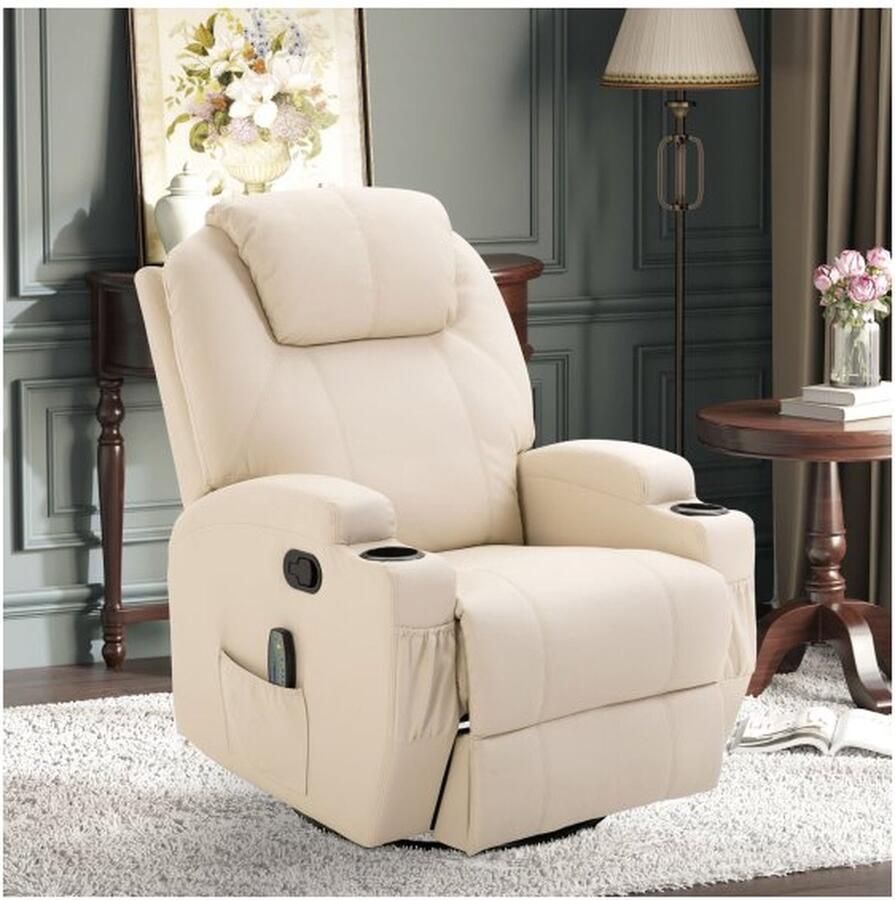 ZAZA Home Luxe Relaxstoel met Ligfunctie Elektrische Massagestoel 5 Massagestanden Kunstleren bekleding Houten frame Metalen onderstel Schuimvulling Roomwit 84 x 92 x 109 cm