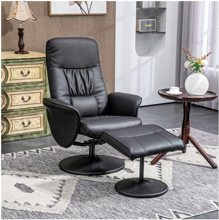 ZAZA Home Relaxsessel mit Hocker Fernsehsessel TV Sessel mit Liegefunktion Drehbarer Polstersessel für Wohnzimmer Schlafzimmer Kunstleder Schwarz