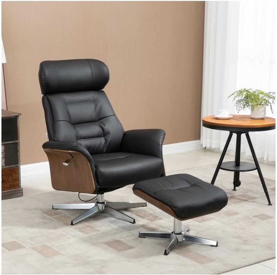 ZAZA Home Ontspan leunstoel met ontlasting televisie -fauteuil met leugentefunctie roteerbare ligstoel ruststoel tv -fauteuil tot 150 kg synthetisch leer staal zwart