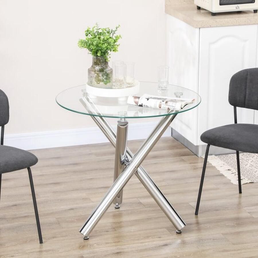 ZAZA Home Ronde eettafel voor 4 personen glazen tafelblad staal Ø80 x 74 cm Transparant