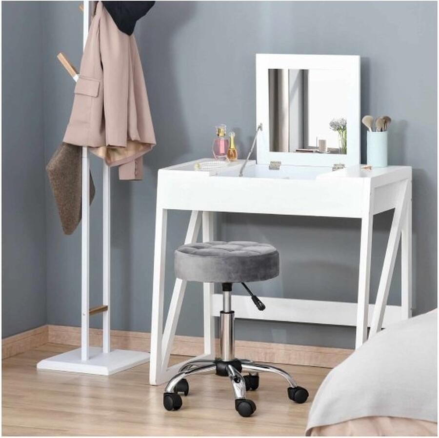 ZAZA Home Salonstoel met wielen Rol Stool Hoogte Verstelbare roteerbare Salon Stool Velvet Touch Foam Chrome-gebaseerde grijs 35 x 35 x 49-61 cm