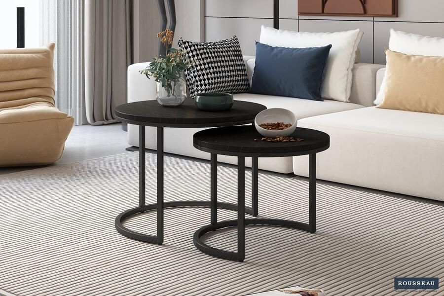 ZAZA Home Salontafel 'Goja' 2-delig Mangolia zwart Structuur metaal blad exotisch hout mangolia