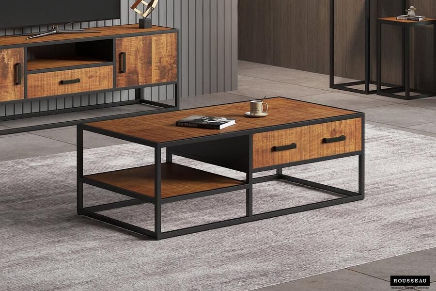 ZAZA Home Salontafel 'Madeira' 120 cm Mangolia Structuur metaal blad exotisch hout mangolia