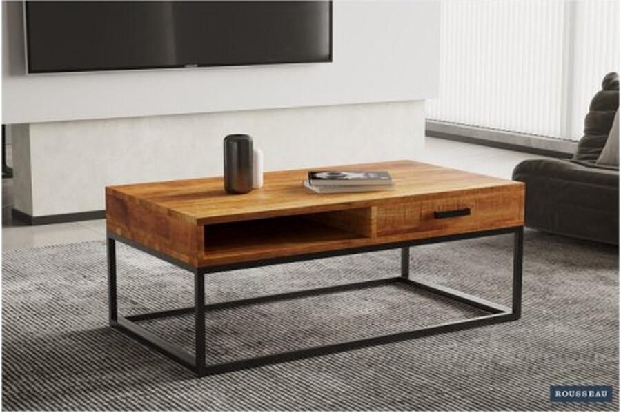 ZAZA Home Salontafel 'Madeira' met lade Mangolia Structuur metaal blad exotisch hout mangolia