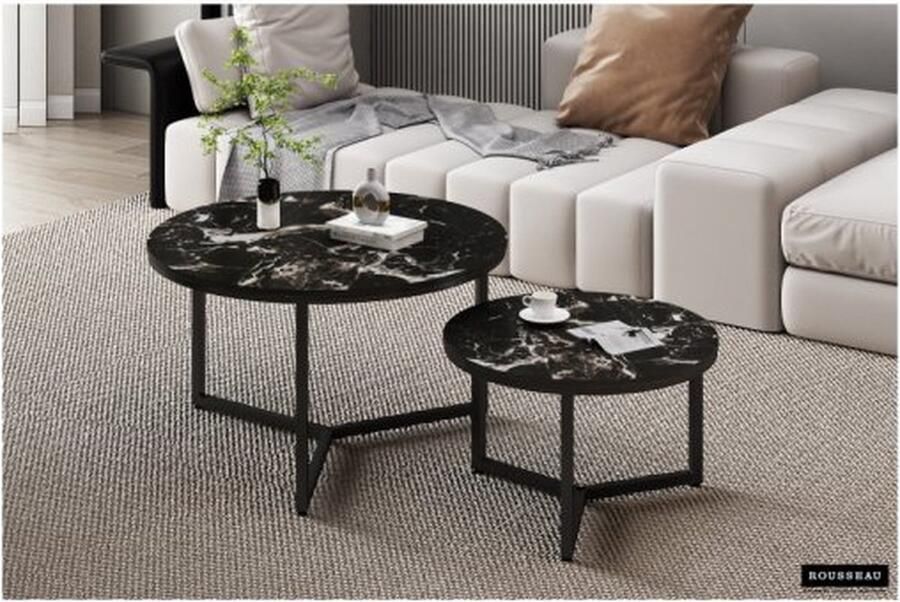 ZAZA Home Salontafel 'Ravenna' 2-delig Steen Marmerlook Zwart Structuur metaal blad steen marmerenlook