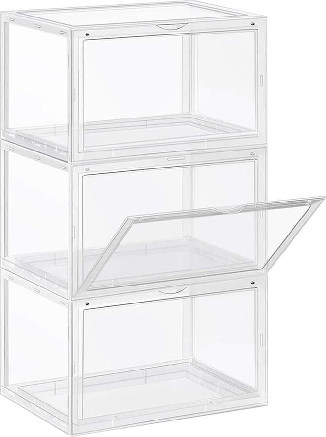 ZAZA Home Schoenendoos set van 3 stapelbare schoenorganisator plastic doos met transparante deur schoenopslag voor schoenen tot grootte 46 36 x 28 x 22 cm transparant