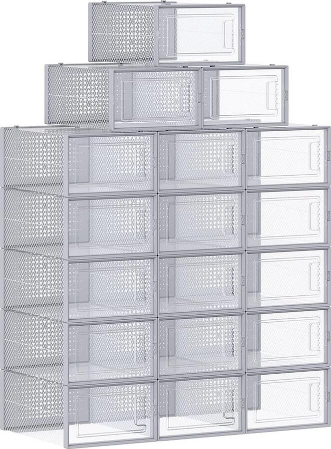 ZAZA Home Schoenendoos voor schoenen op stapelbare schoenorganisator opvouwbaar en veelzijdig transparant en grijs 18 stuks