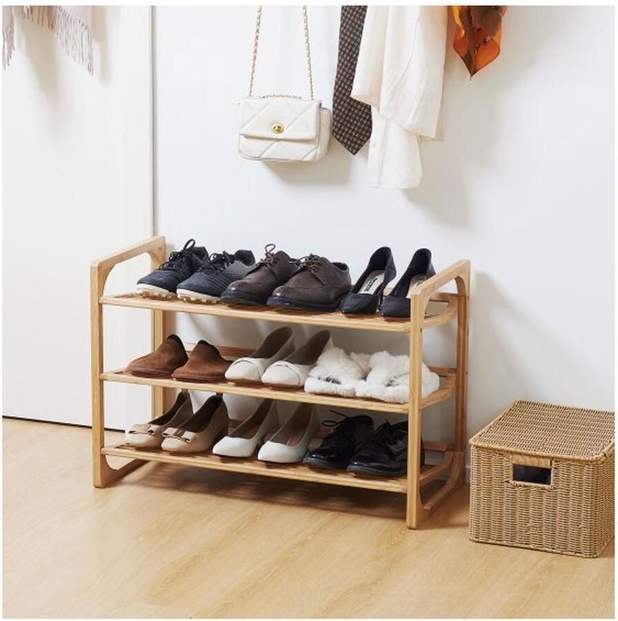 ZAZA Home Schuhregal Shoe Shot Shoe Stand met 3 niveaus en grip voor max. 9 paar schoenenschoenorganisator bamboo 76 x 33 x 51 cm natuur