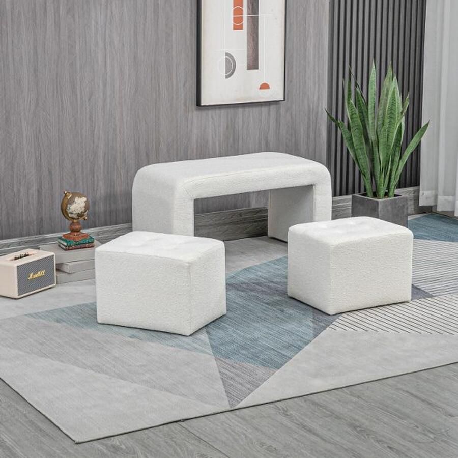 ZAZA Home Set van 3 witte krukjes voor woon- en slaapkamer ottomaan en voetenbank zachte hocker