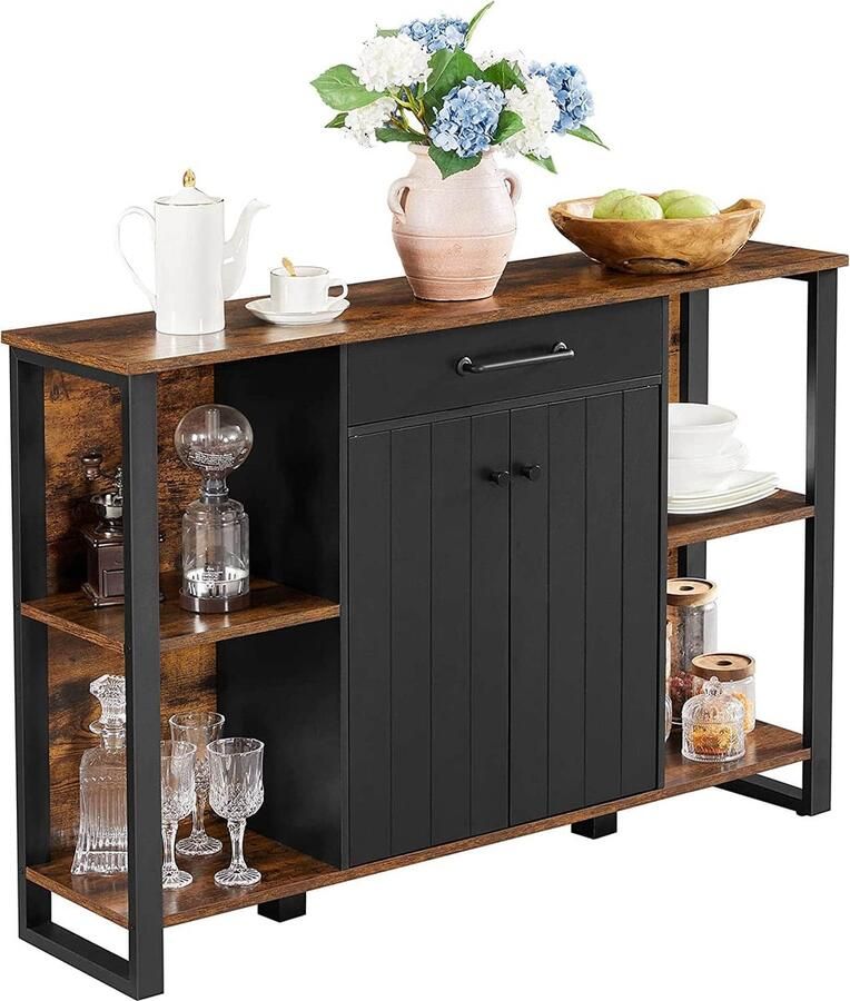 ZAZA Home Sideboard keukenkast met lade bijzetkast met deuren multifunctionele kast metalen frame kast vintabruin-zwart