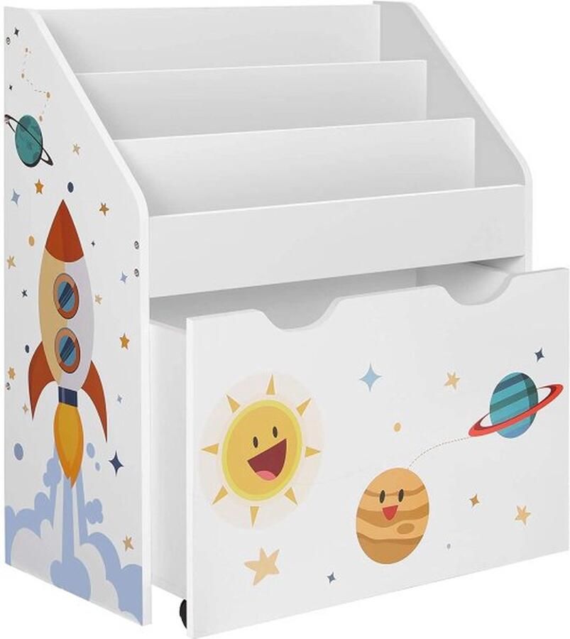 ZAZA Home Speelgoedplank Boekenplank Voor Kinderen Kinderkamerplank Met 3 Vakken En Uittrekbare Speelgoeddoos Met Wielen Speelgoed Organizer Kinderkamer Voor Boeken Speelgoed Wit