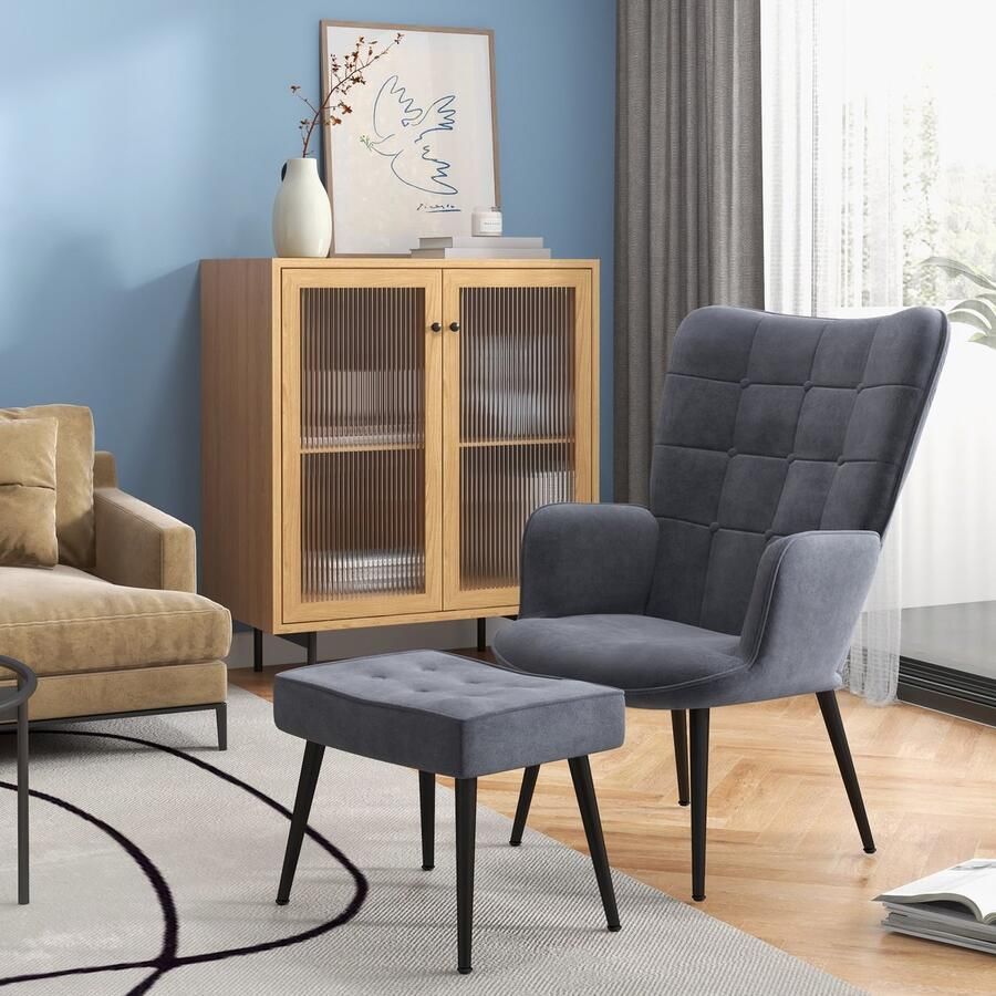 ZAZA Home Ontspan leunstoel met voetkruk armleuning fauteuil met ontlasting ontspannen stoel ruststoel met armleuning eetkamer met fluwelen deksel