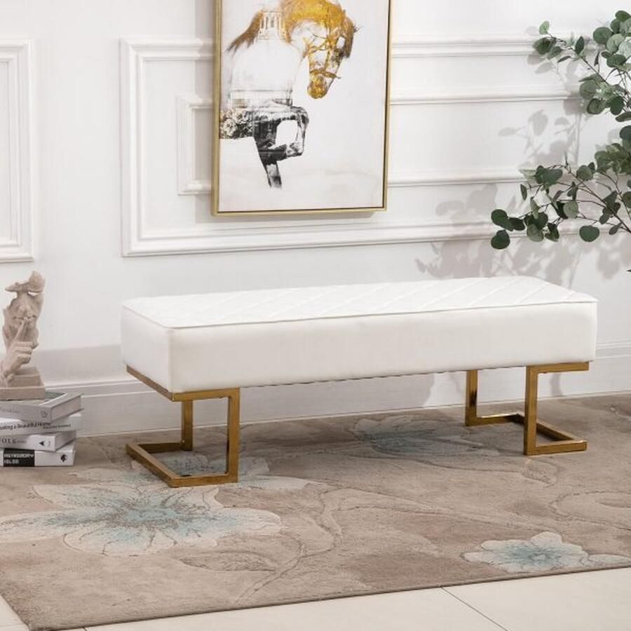 ZAZA Home Stoel voor slaapkamer bankbank bedbank woonkamer synthetisch lederen metaal wit+goud 120 x 43 x 42 cm