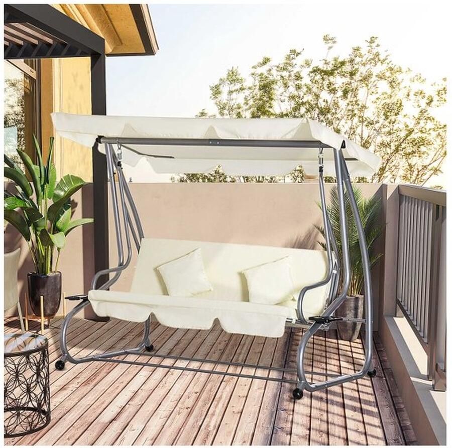 ZAZA Home Swingstoel 3-zits Hollywood Swing met zitplaatsen en rugleuningen tablet trillingsbankdakhoek verstelbaar beige