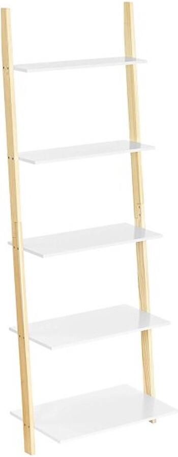 Vasagle LLS201N01 trappenrek 5 opbergvakken wandrek voor woonkamer keuken kantoor houten frame eenvoudig te monteren mat wit en natuurbruin Groot