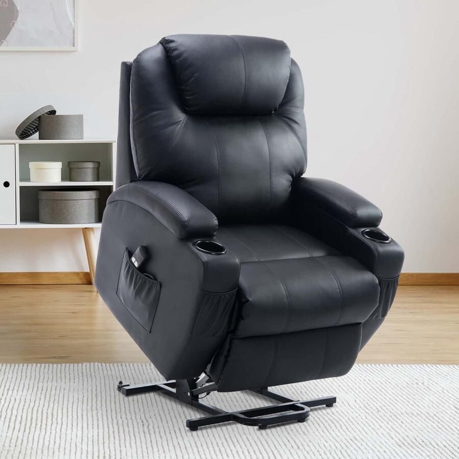 ZAZA Home Ontspan leunstoel televisie fauteuil met stand -up aid synthetisch leer zwart met opbergzak verstelbare hoek afstandsbediening 84 x 92 x 109 cm