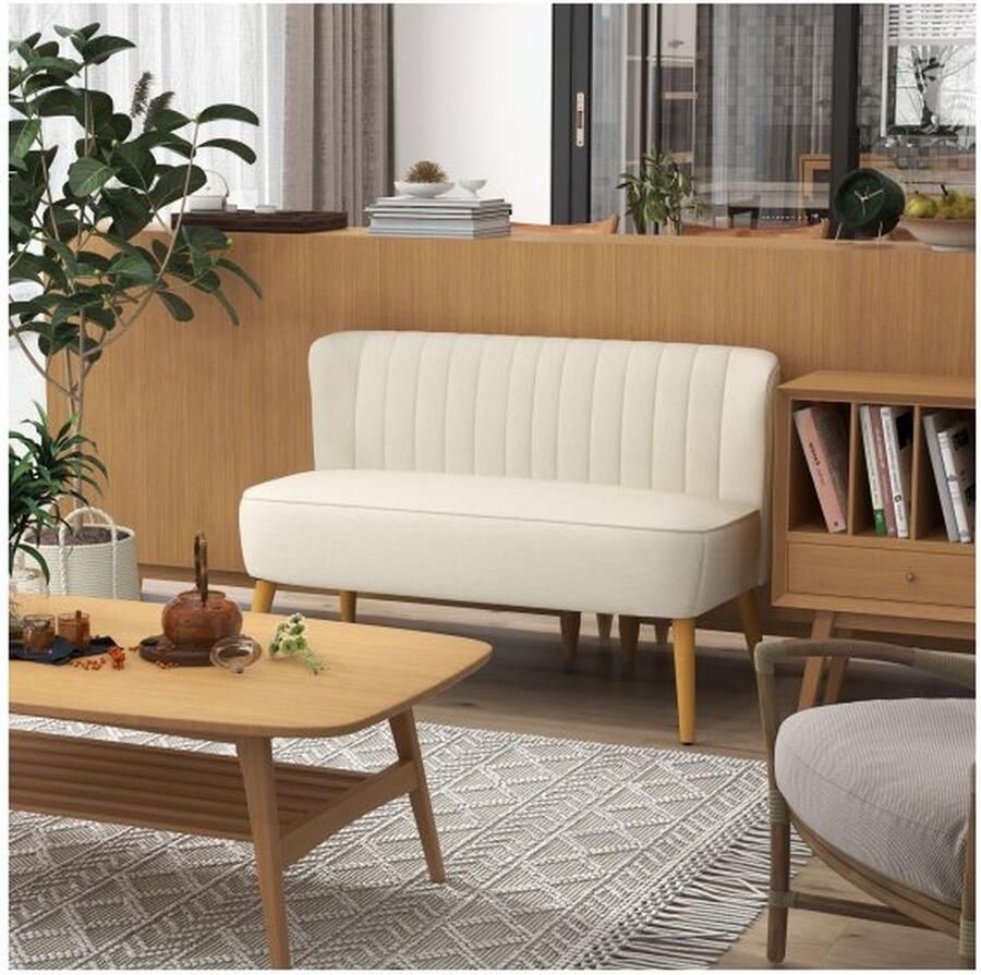 ZAZA Home Tweezitsbank in Crèmewit met Houten Poten en Leinenoptik Belastbaar tot 150 kg Afmetingen 117 x 56 5 x 77 cm