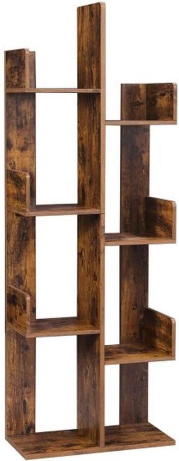 ZAZA Home Vormige boomvormige boekenplank staande plank met 8 vakken opbergrek met afgeronde hoeken vintage bruin