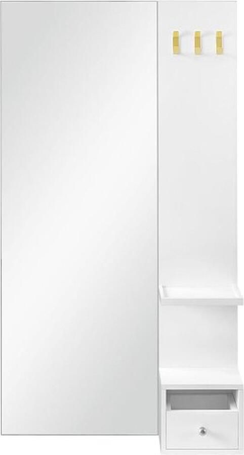 ZAZA Home Wandspiegel met opbergruimte grote spiegel 108 x 60 x 17 5 cm 3 kapstokhaken Plank en Lade Wit