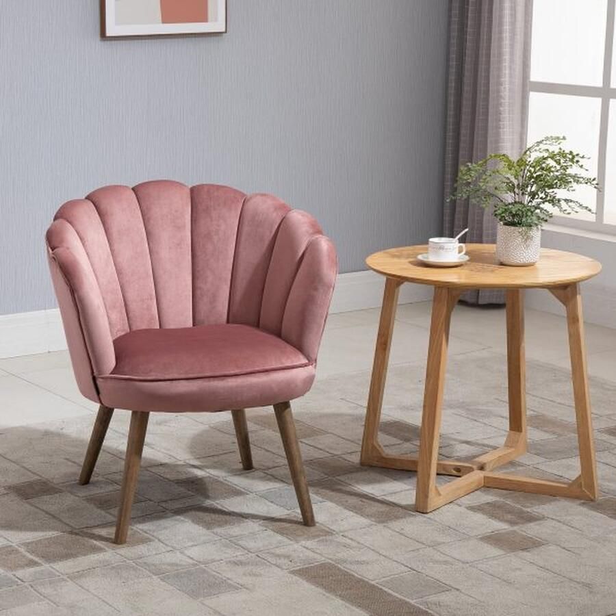 ZAZA Home Eetkamerstoel keukenstoel fauteuil met rugleuning woonkamer stoel polyester rubberen hout roze 66 x 72 x 79 cm