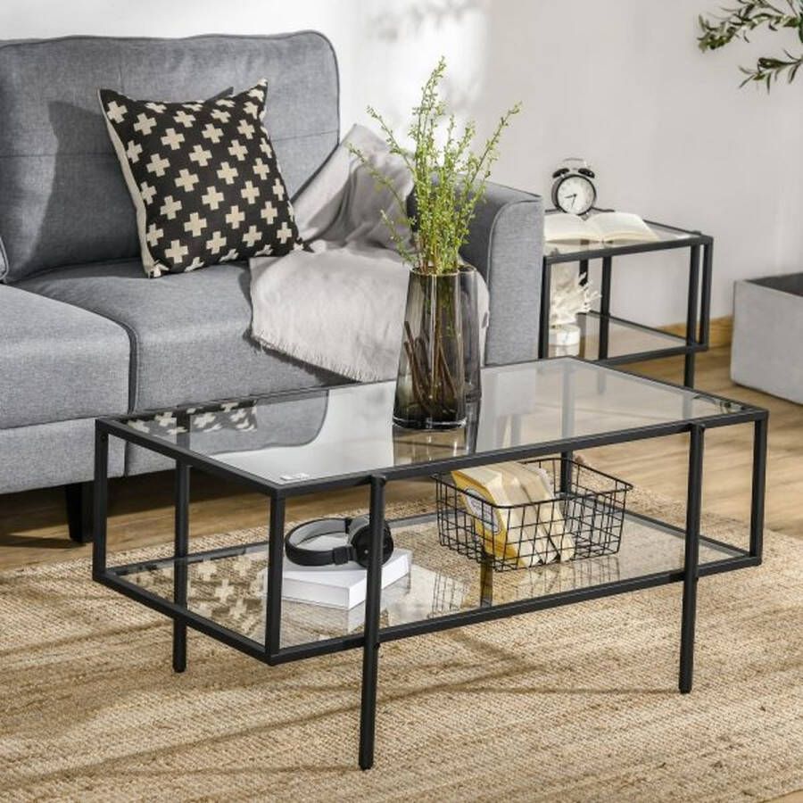 ZAZA Home Zijzijglas salontafel met 3 planken met stalen frame glas zwart 100 x 55 x 45 5 cm